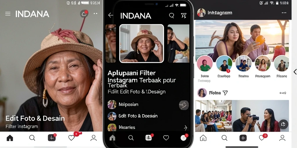 Antarmuka aplikasi INDAAA yang menawan dengan filter Instagram.